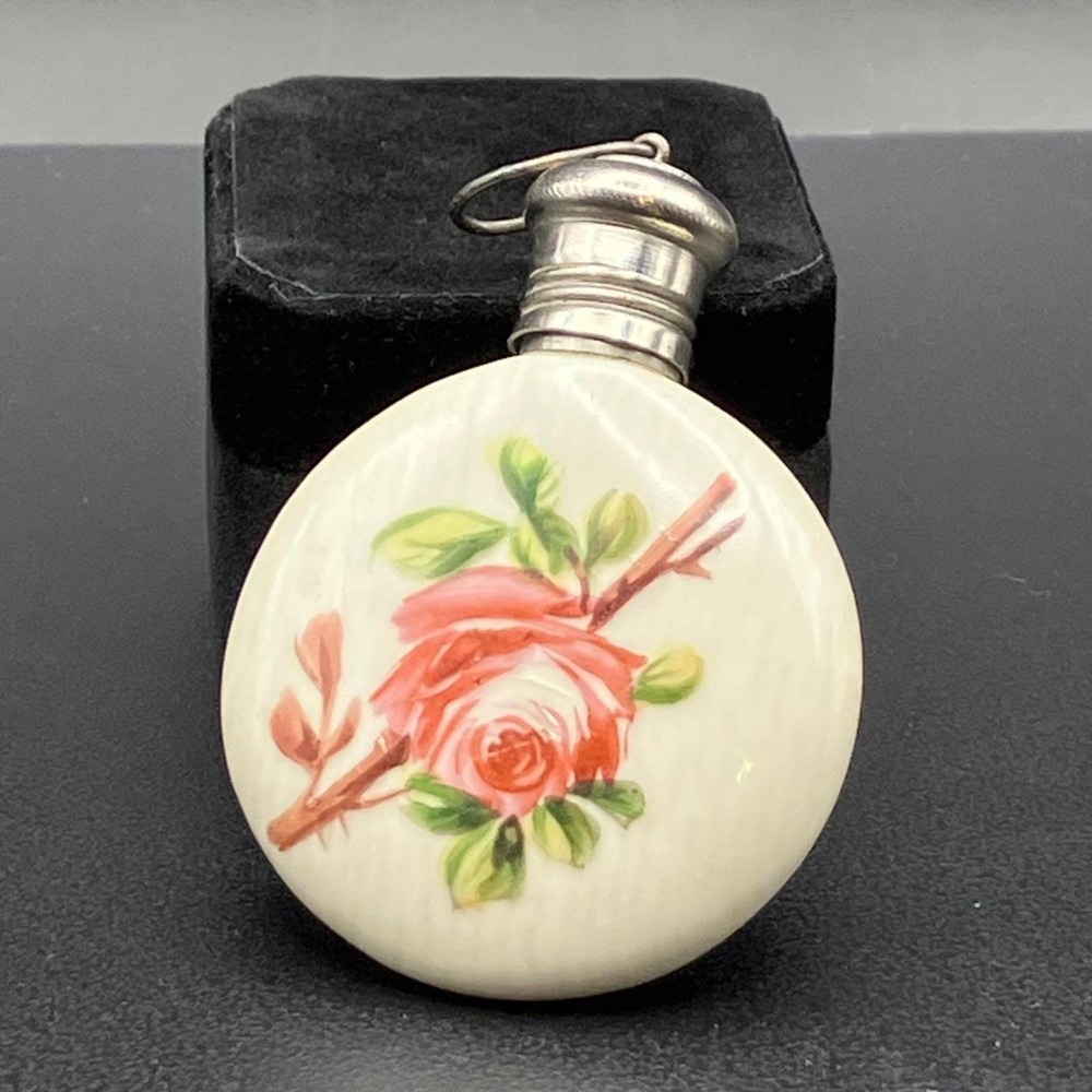 Antique Vintage Perfume Bottle Pink Hand Painted Roses Celluloid Pendant Vanity